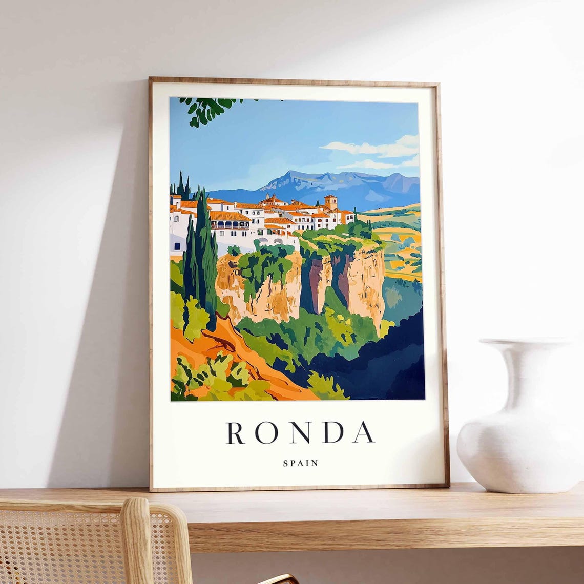 Ronda Spain Poster With Cliff Edge Village And Mountain Backdrop
