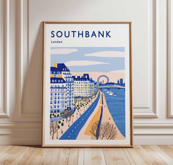 Southbank London Travel Poster Thames River Uk City Art