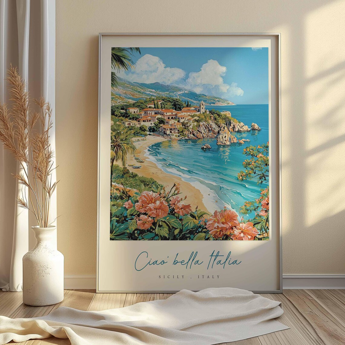 Sicily Italy Beach Resort Town Pink Blossom Framed Bay Travel Poster - Image 2