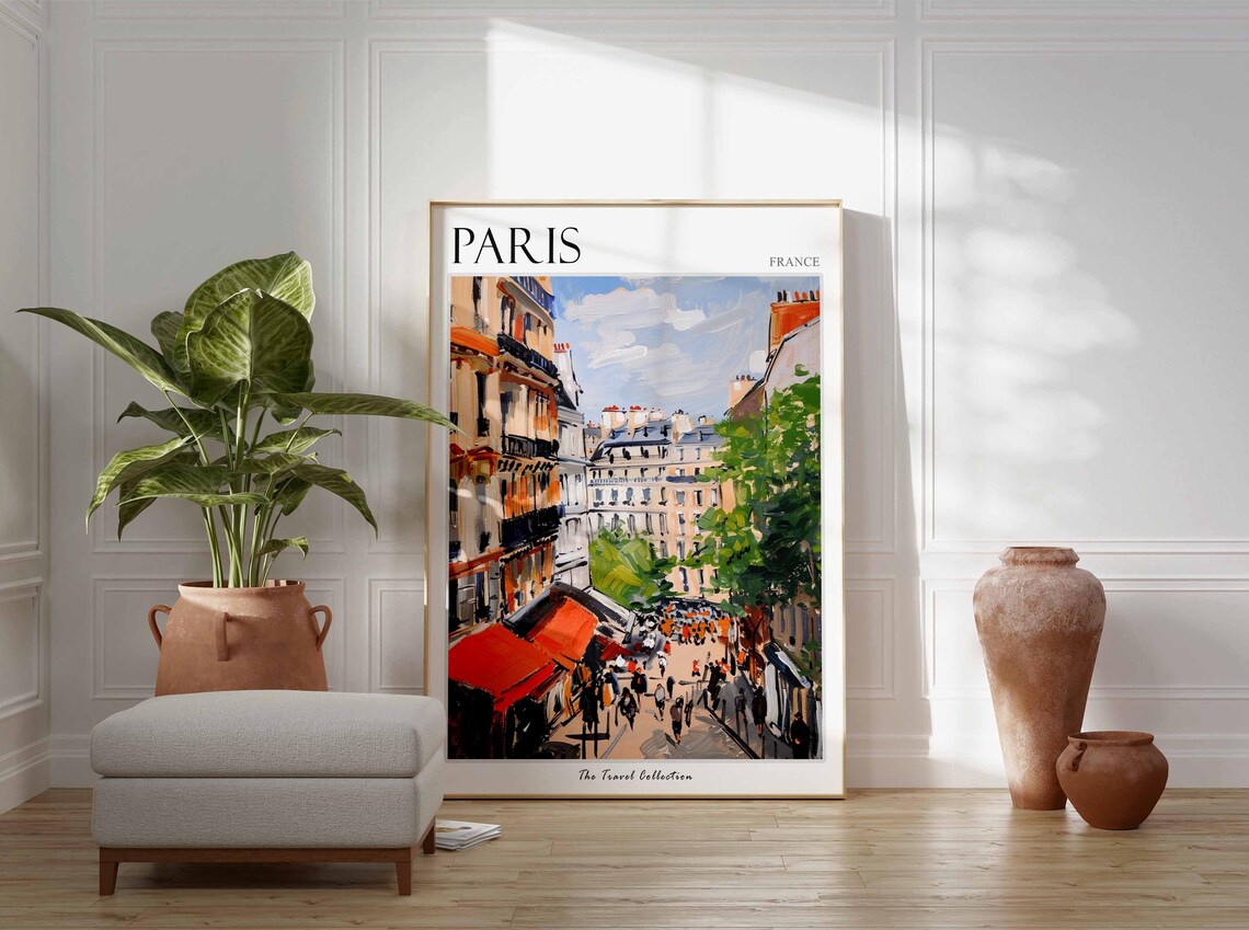Paris France Bustling Old Cafe Street With Orange Awnings Poster - Image 3