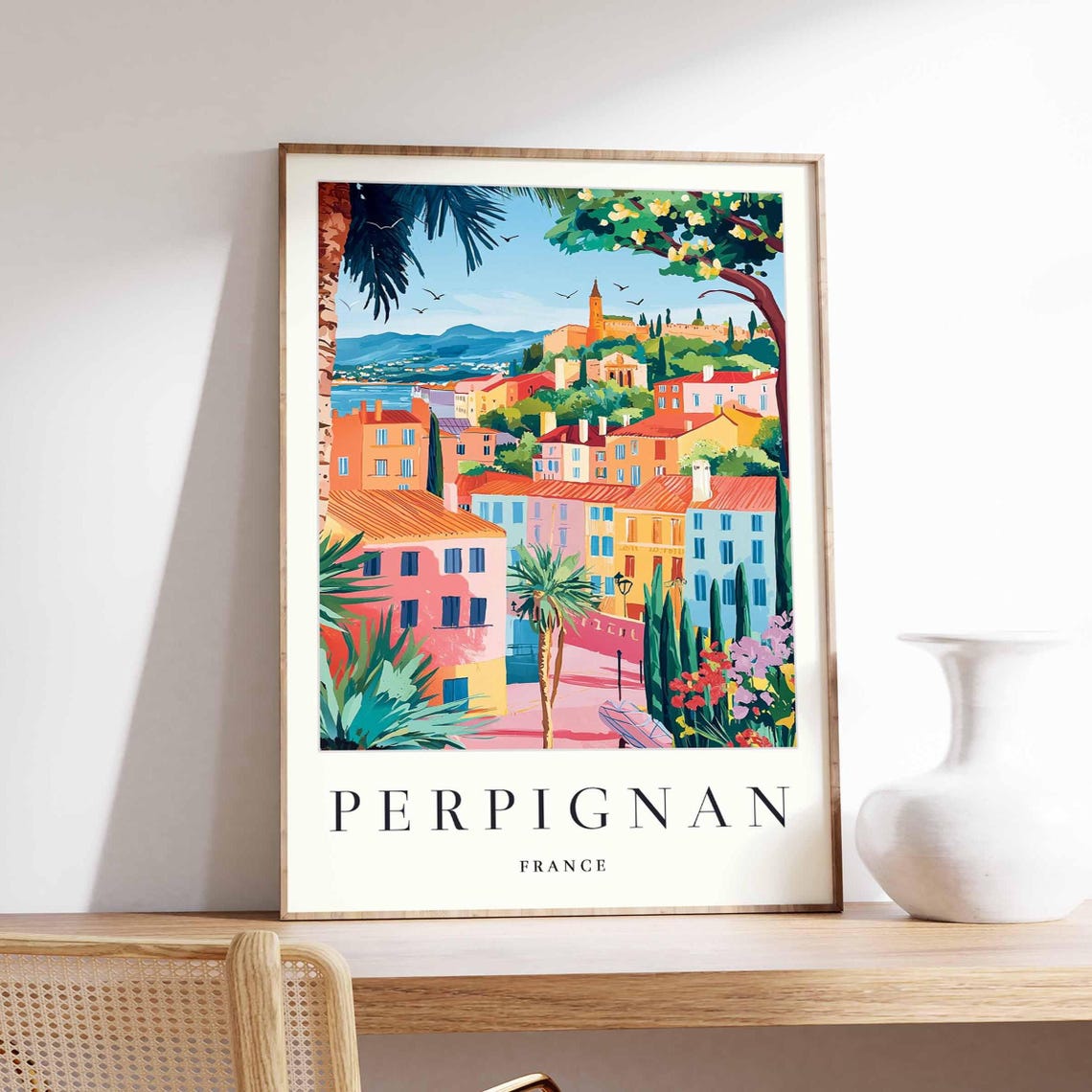 Perpignan France Tropical Hillside Town Palms Seaside View Poster
