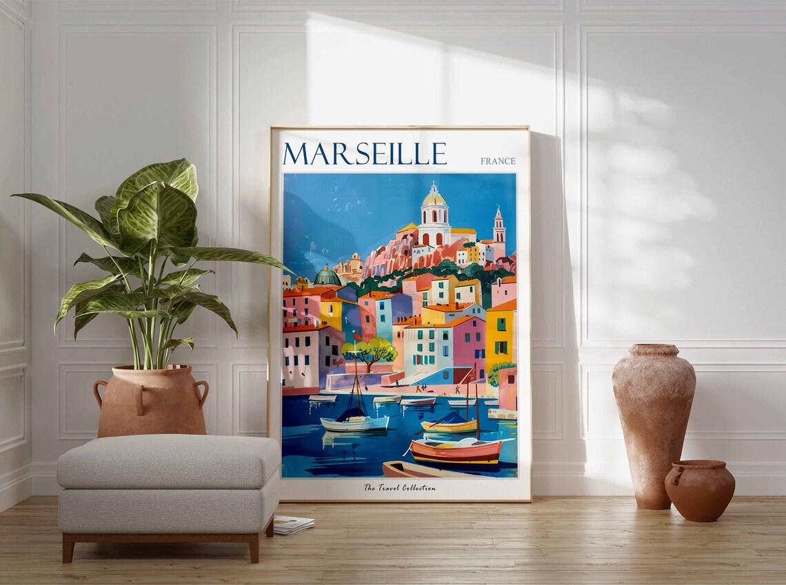 Marseille France Colorful Harbor Boats Pastel Seaside Poster - Image 3