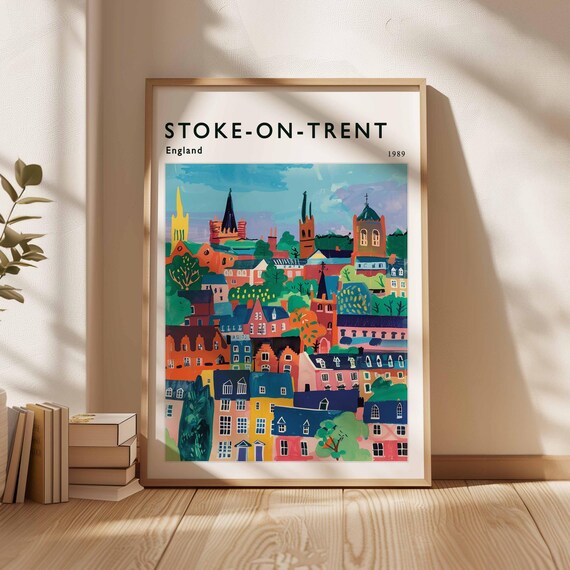 Stoke On Trent England 1989 Colorful Painted Houses Cityscape Travel Poster