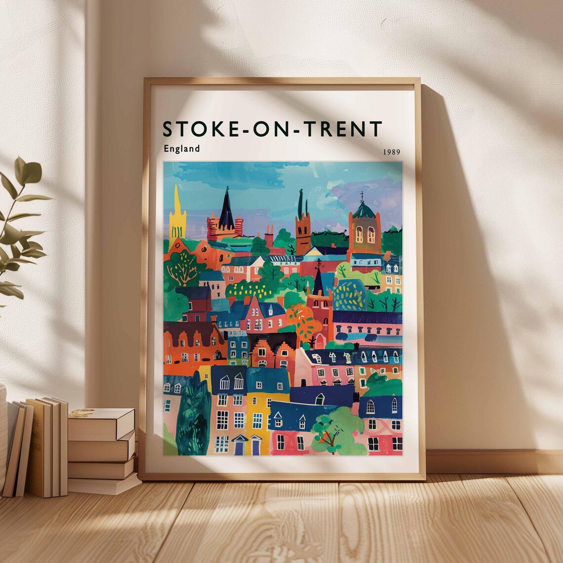 Stoke On Trent England 1989 Colorful Painted Houses Cityscape Travel Poster