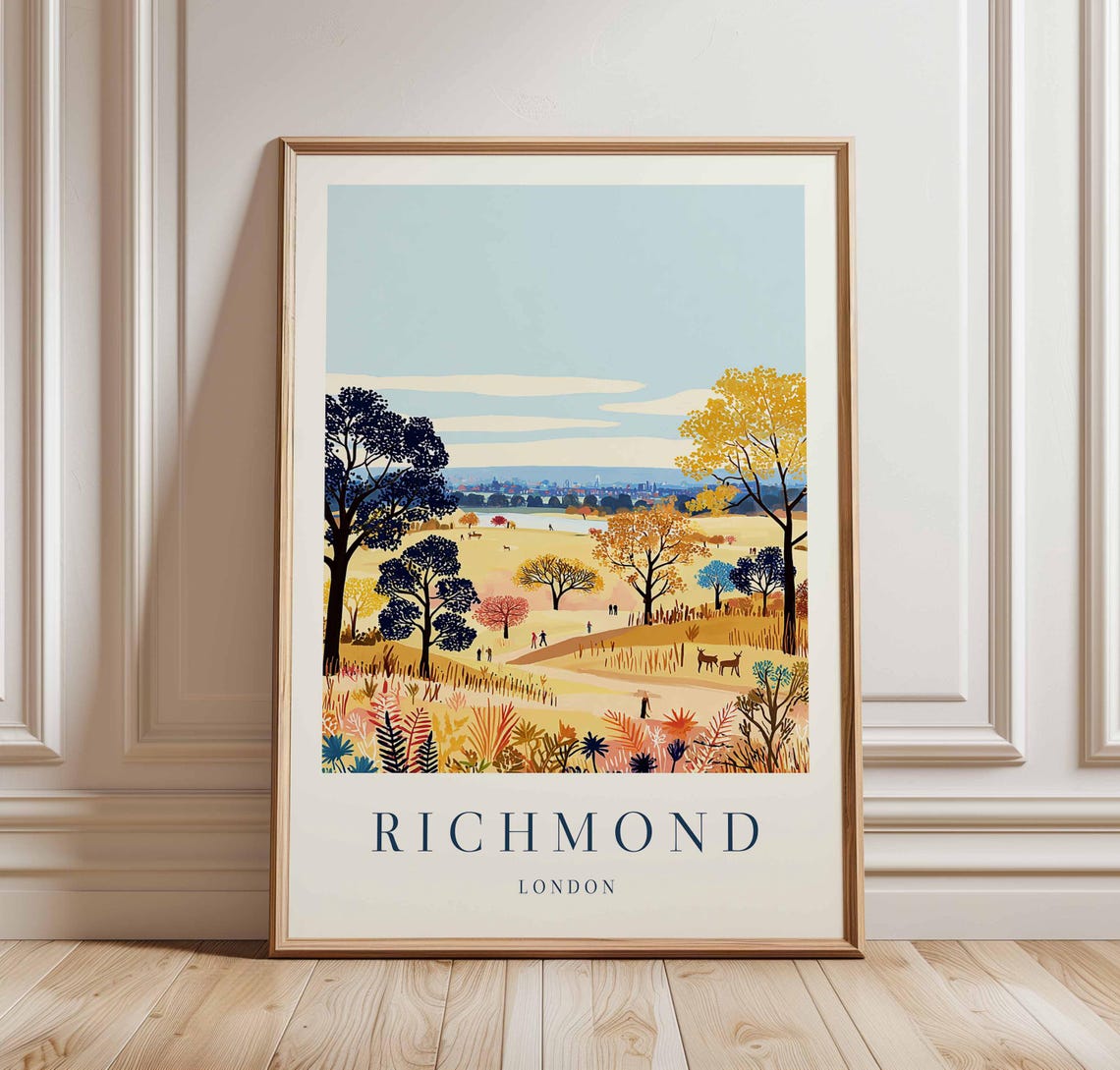 Richmond London Autumn Golden Meadow Deer Folk Landscape Print