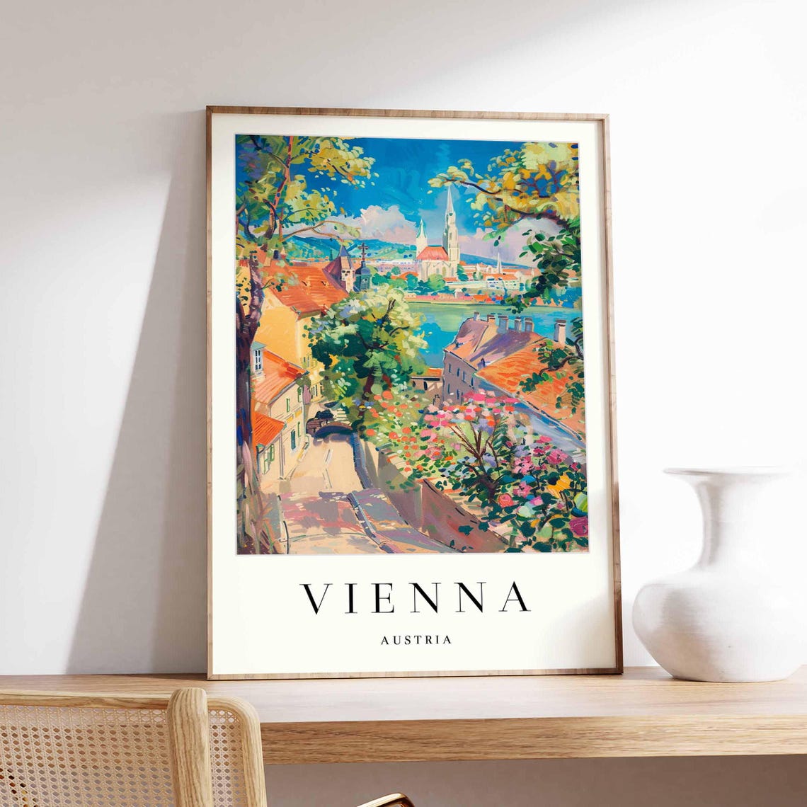 Vienna Austria Riverside Cityscape Church Spire Summer Poster