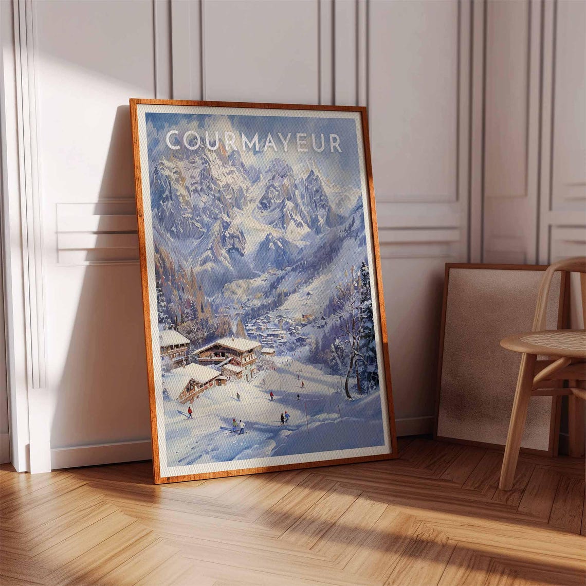 Courmayeur Italy Snowy Valley Poster with Skiers under High Peaks - Image 2