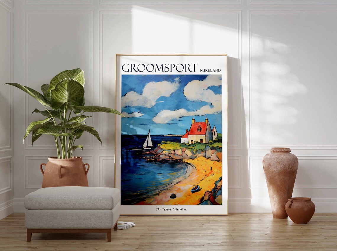 Groomsport Northern Ireland Coastal Cottage Sailboat Art Travel Poster - Image 2