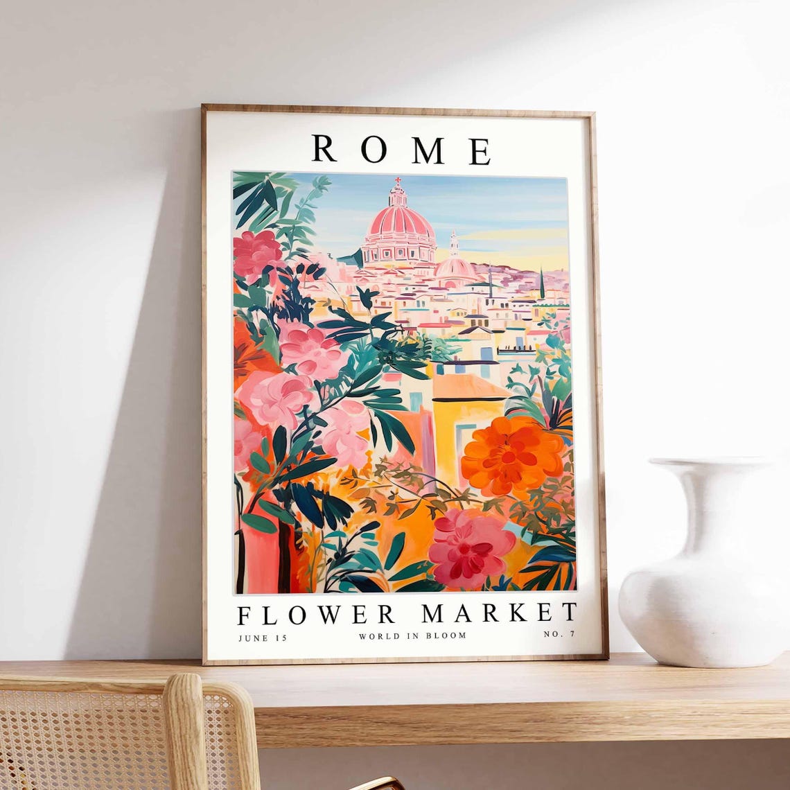 Rome Flower Market Poster Pink Dome Skyline Lush Rose Garden Artwork