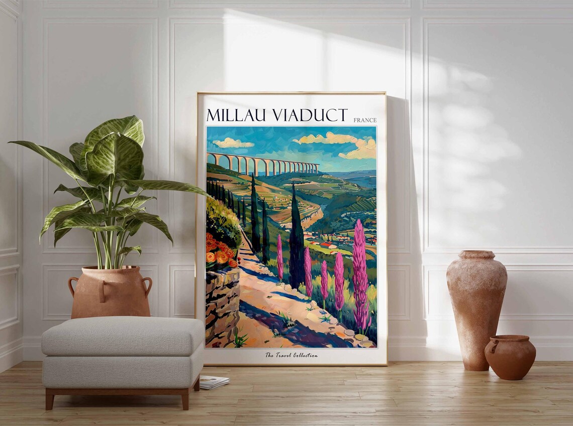 Millau Viaduct France Flower Path Cypress Painting Travel Poster - Image 3
