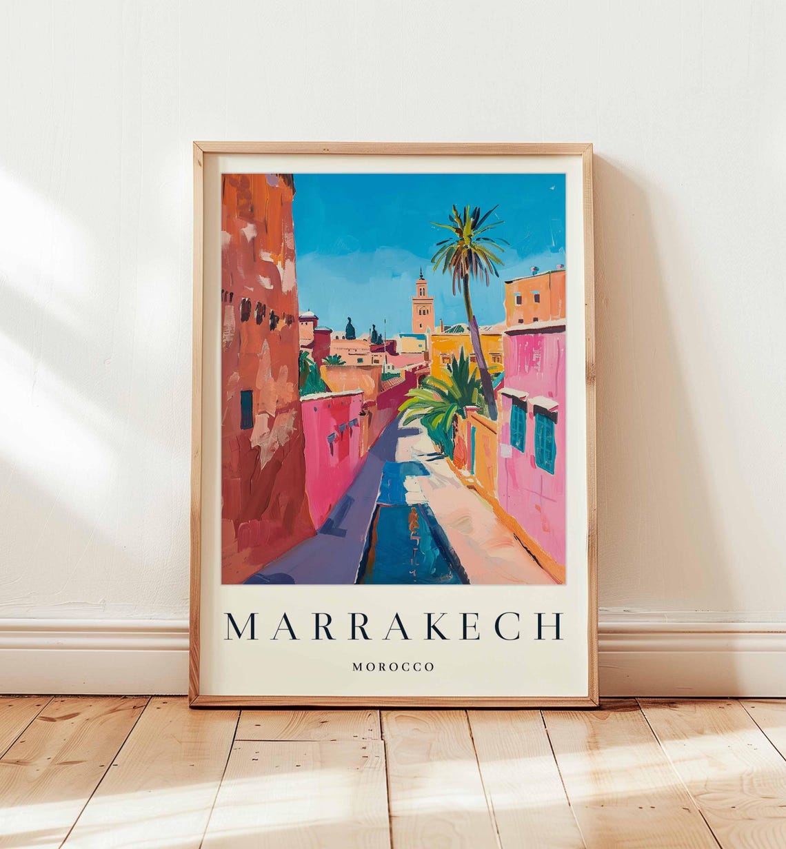 Marrakech Morocco Pink Medina Street With Minaret Travel Poster