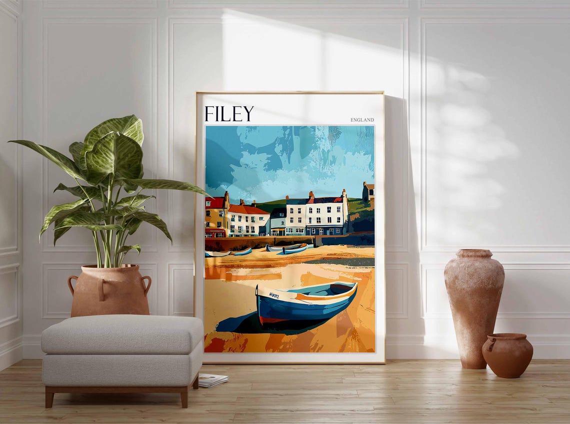 Filey England Fishing Boats Harbor Cottages Bold Modern Poster - Image 3