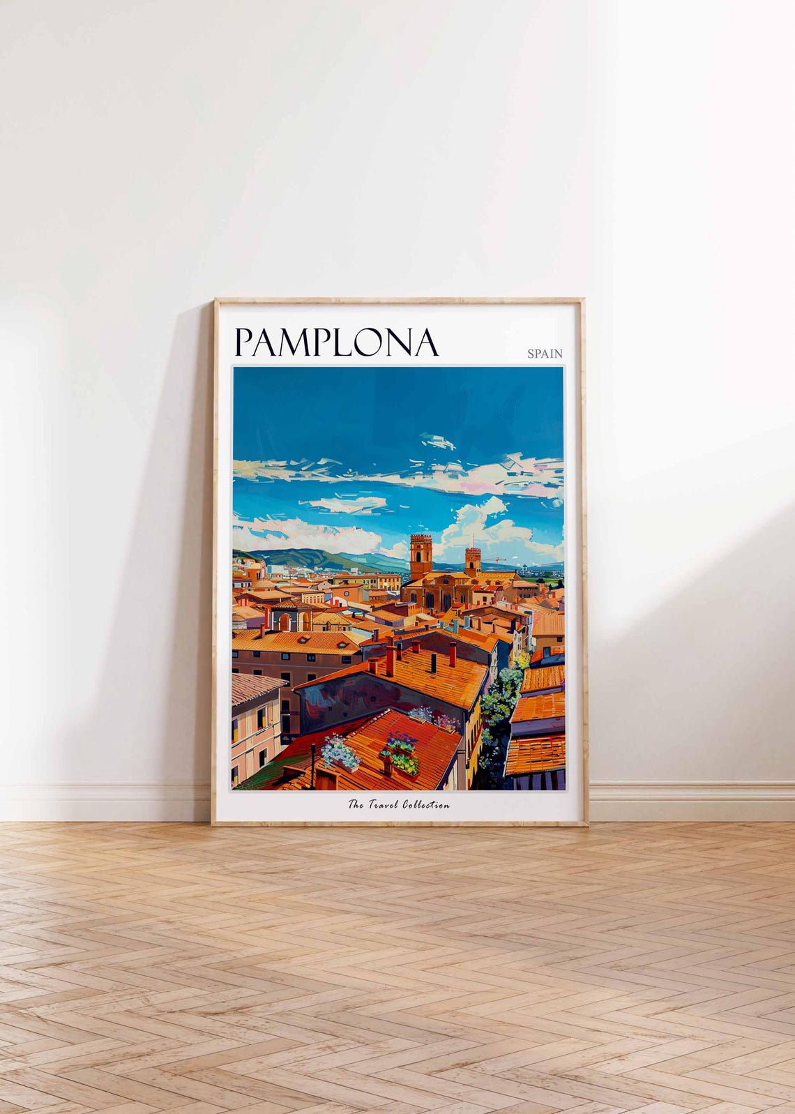 Pamplona Spain Terracotta Rooftops City Skyline Painting Poster - Image 2