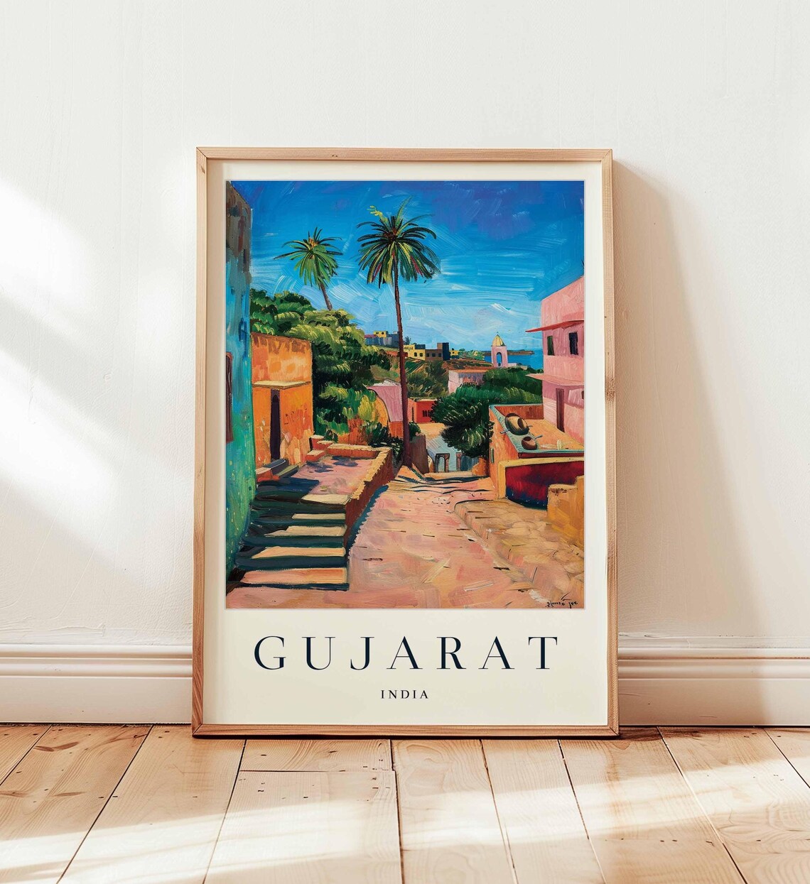 Gujarat India Pink Village Street Palm View Sunny Travel Art Poster