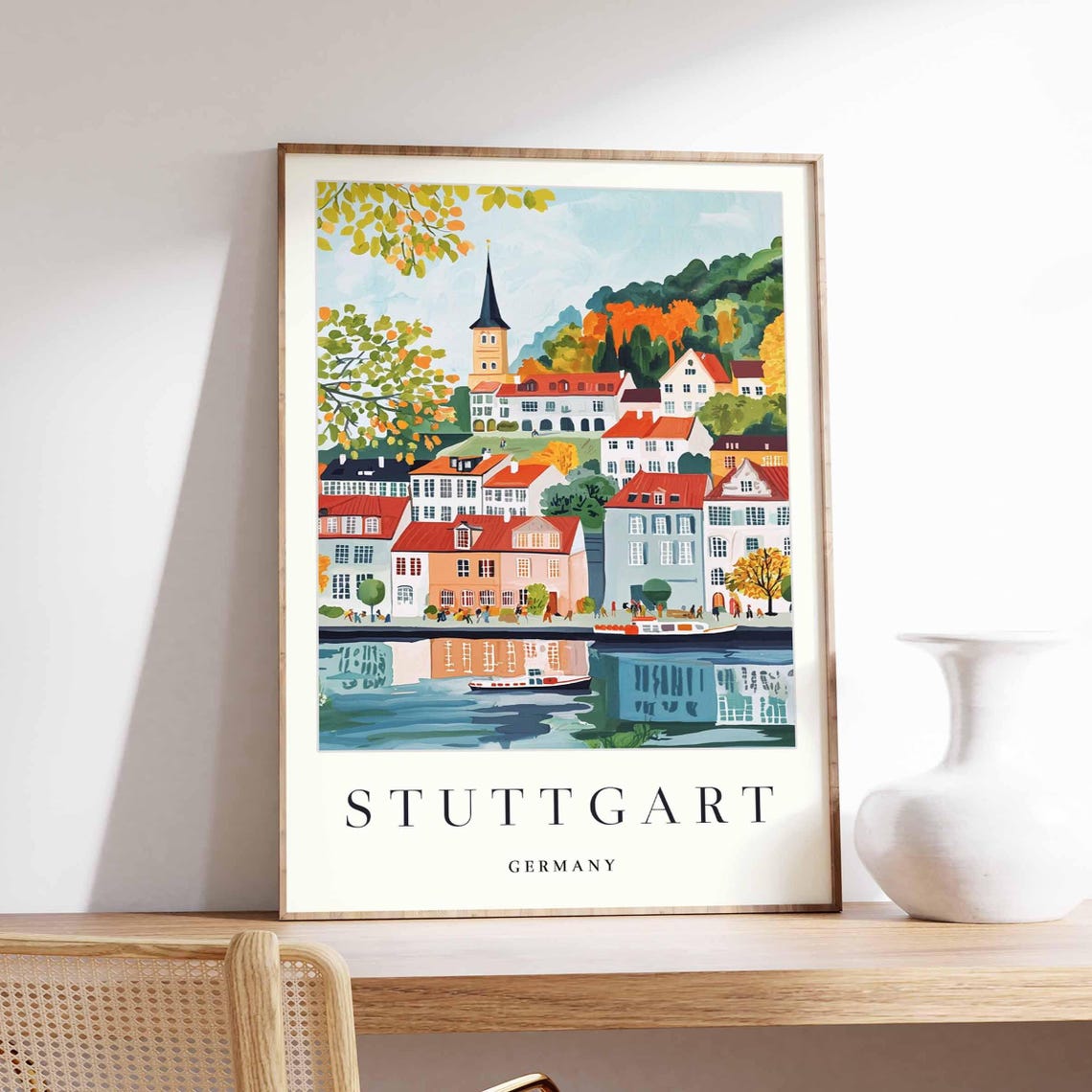 Stuttgart Germany Riverside Old Town Autumn Church Travel Poster