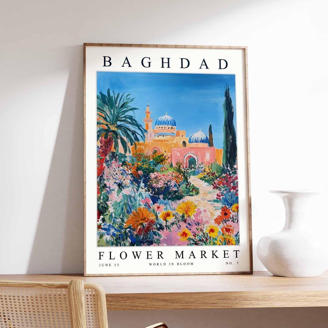 Baghdad Blue Domed Mosque Vibrant Garden Path Flower Market Poster
