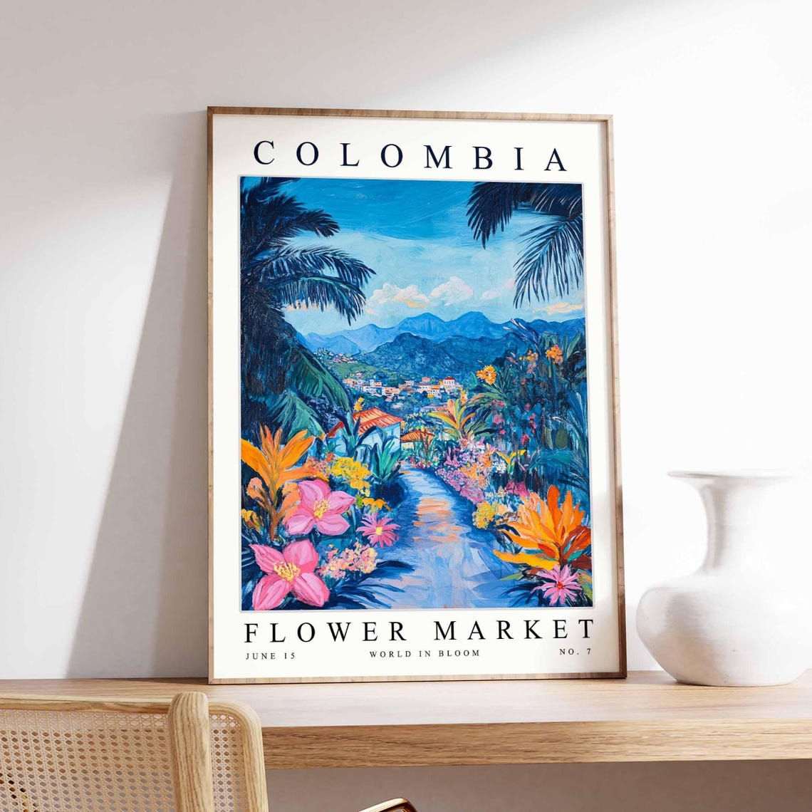 Colombia Flower Market Jungle Stream And Mountain View Poster