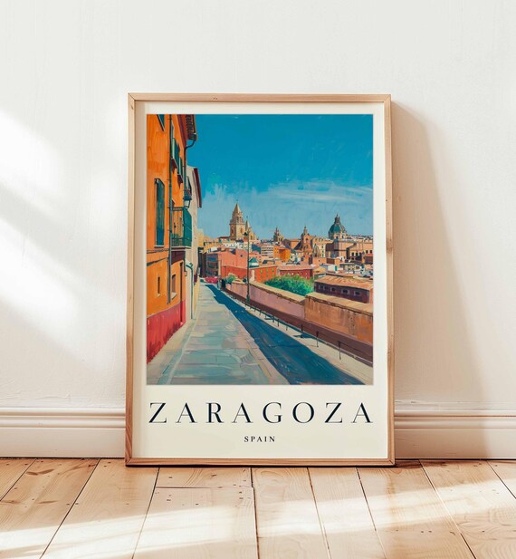 Zaragoza Spain Old Town Street Cathedral Dome View Travel Poster
