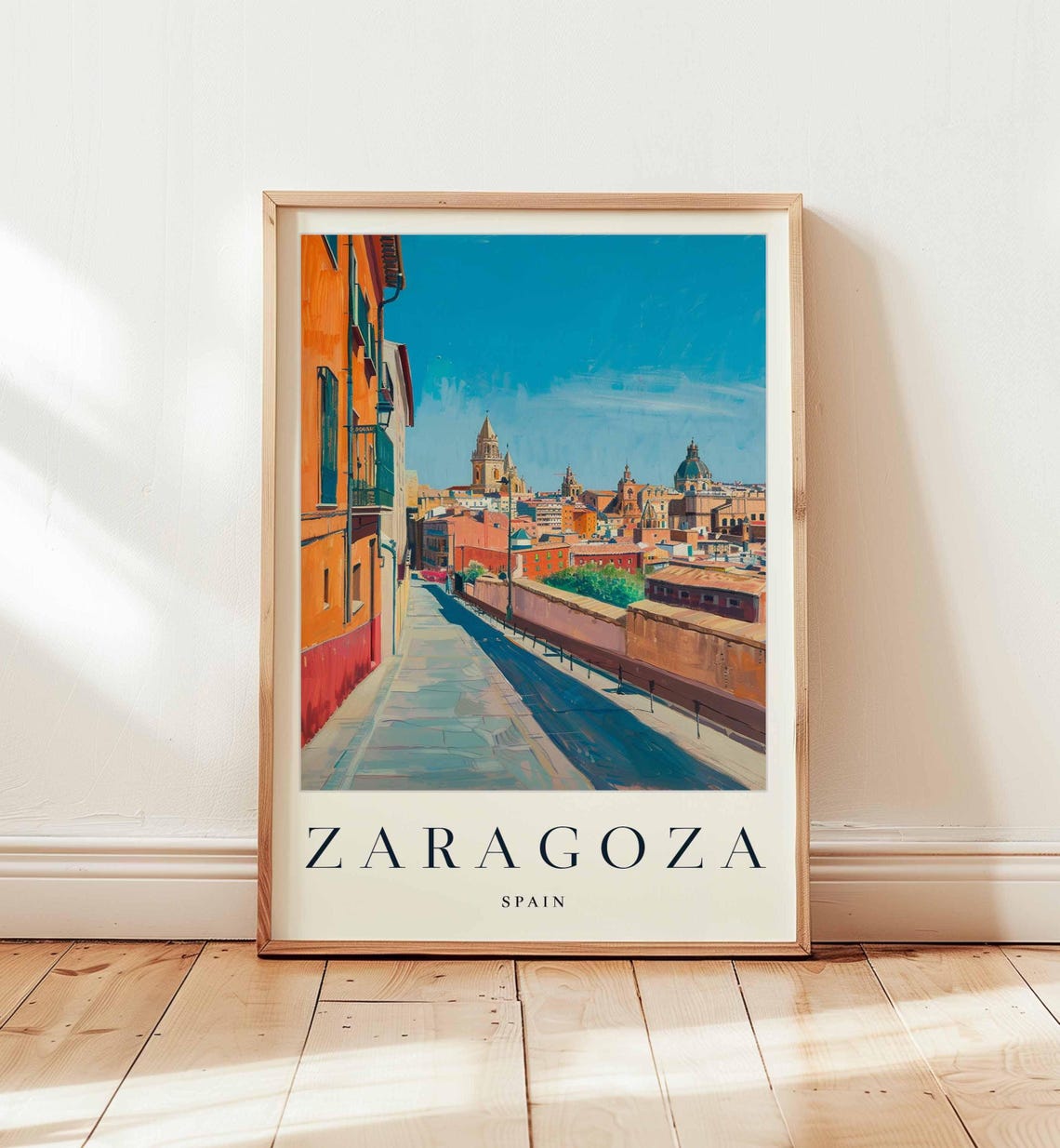 Zaragoza Spain Old Town Street Cathedral Dome View Travel Poster