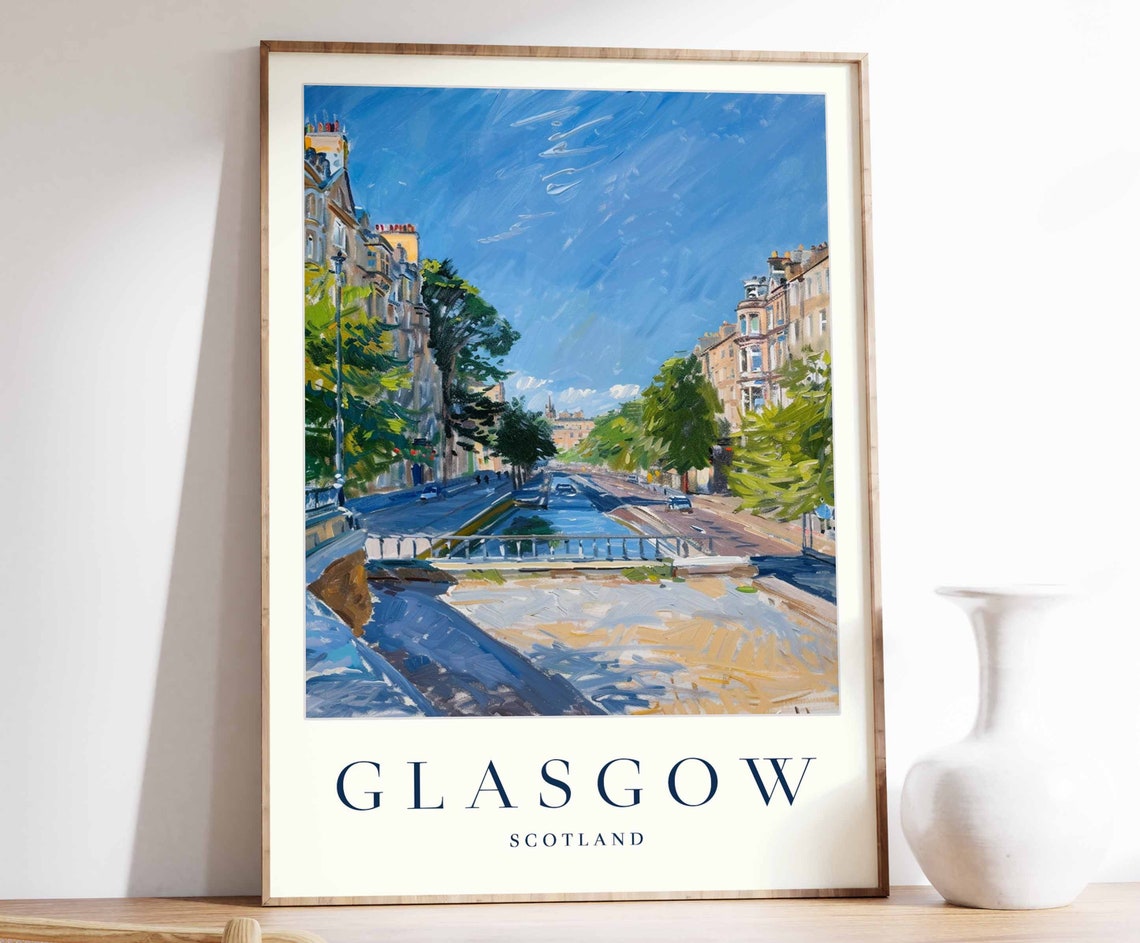 Glasgow Scotland Tree Lined Boulevard Tenement Buildings Travel Poster