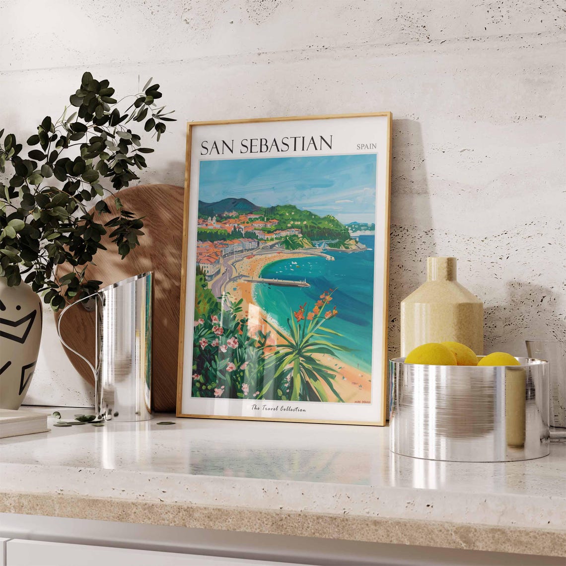 San Sebastian Spain Crescent Beach Bay Flowers Painting Poster - Image 3