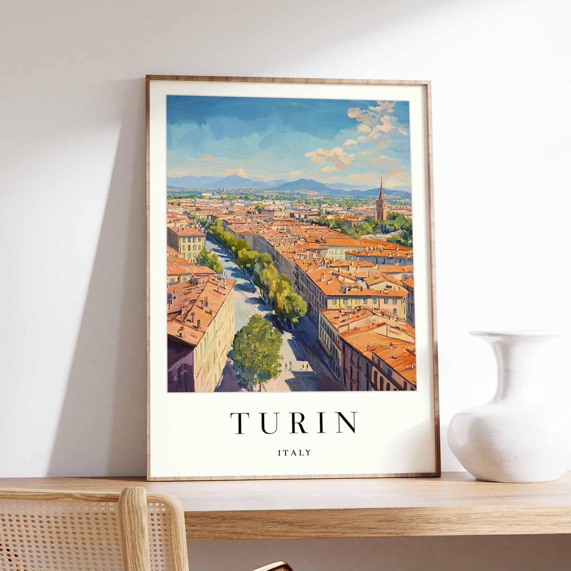 Turin Italy Aerial Cityscape Poster with Green Tree-Lined Street View