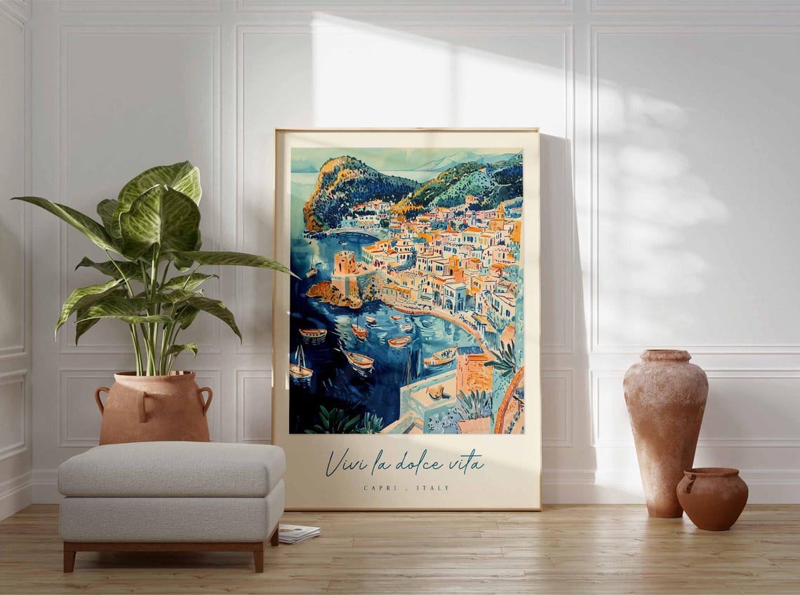 Vivi la Dolce Vita Capri Italy Harbor Boats Town View Poster - Image 3