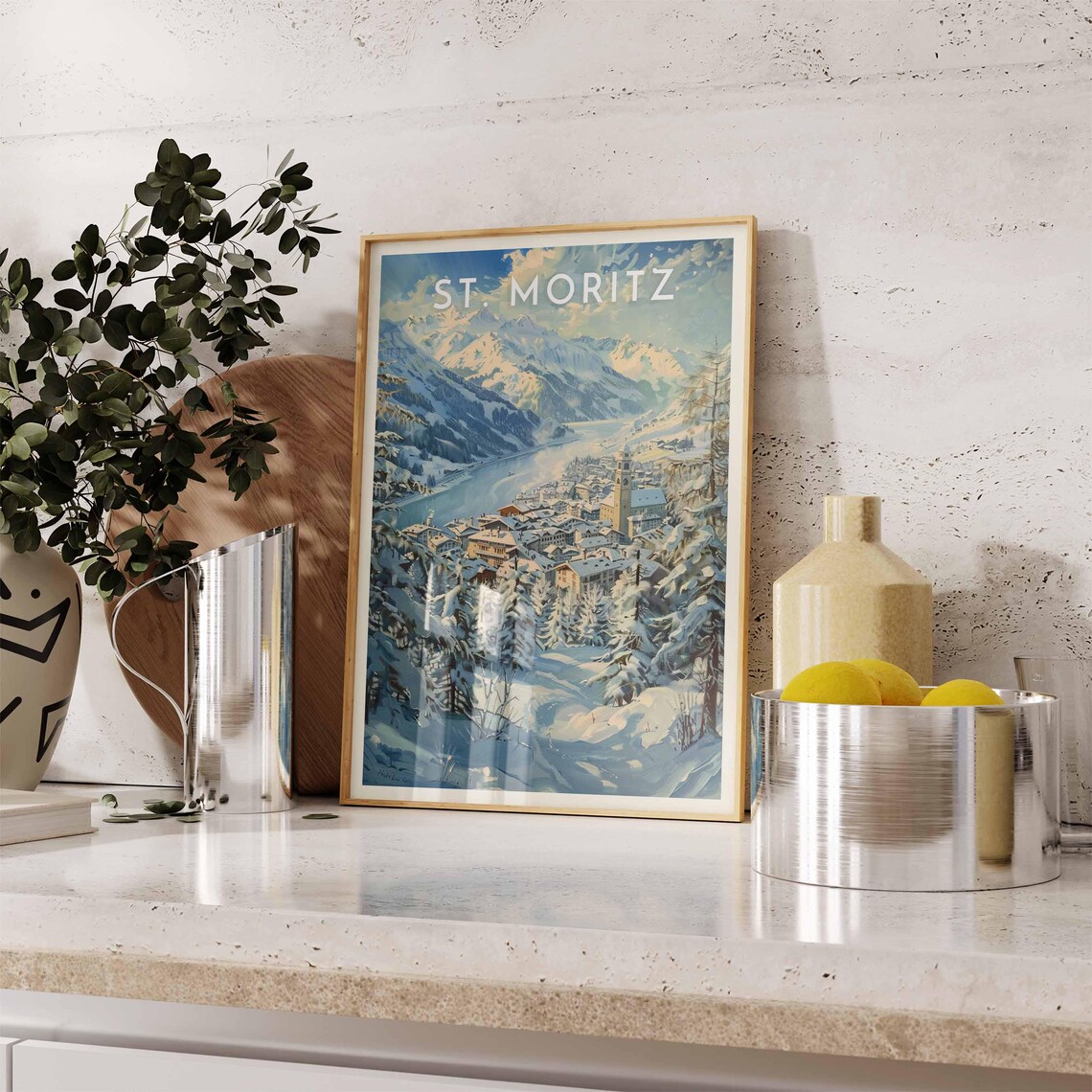 St. Moritz Switzerland Watercolor Town Among Frosted Pines Poster - Image 2