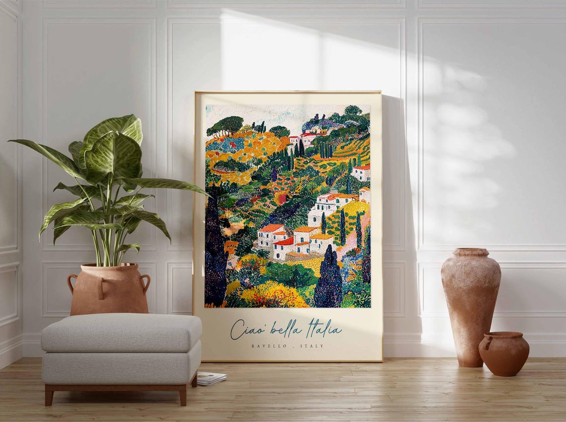 Ravello Italy Pointillist Hillside White Village Cypress Art Poster - Image 3
