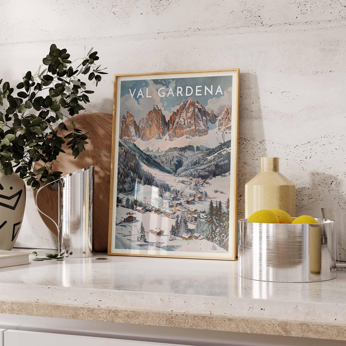 Val Gardena Italy Red Dolomite Walls Alpine Valley Village Poster - Image 2