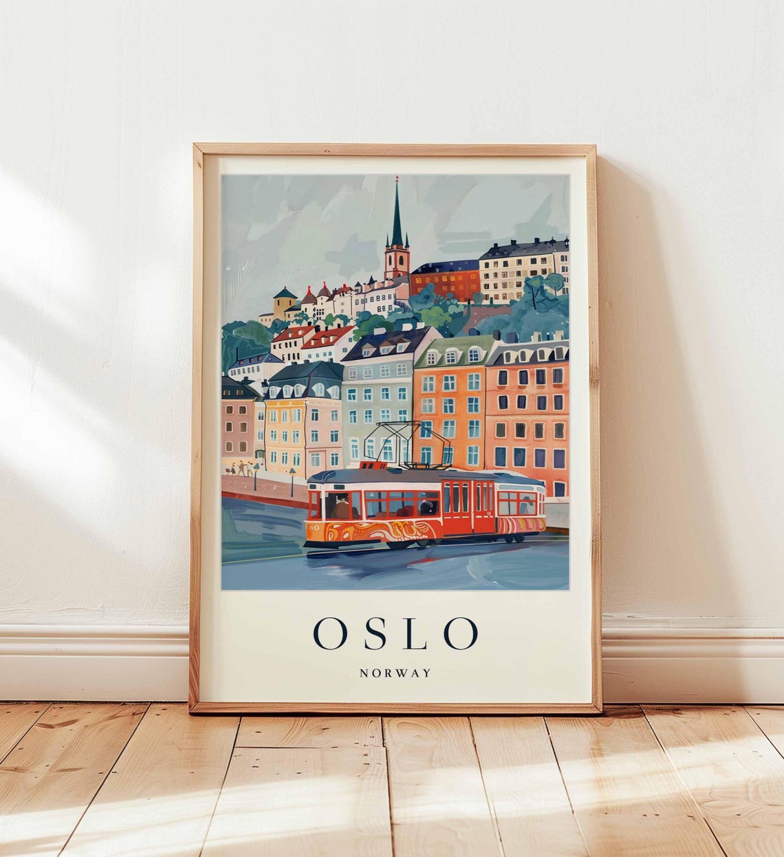 Oslo Norway Red Tram Passing Historic Waterfront Buildings Poster