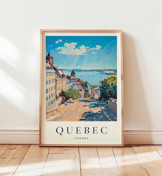 Quebec Canada Steep Street Harbor View Vintage Travel Poster