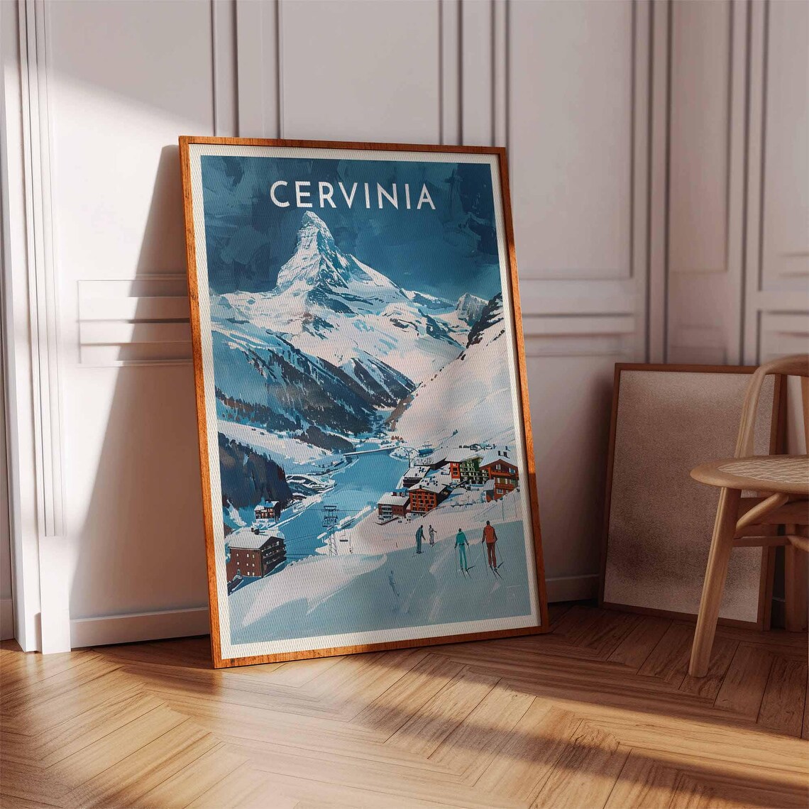 Cervinia Iconic Peak Alpine Valley Skiers Retro Winter Art Poster - Image 2