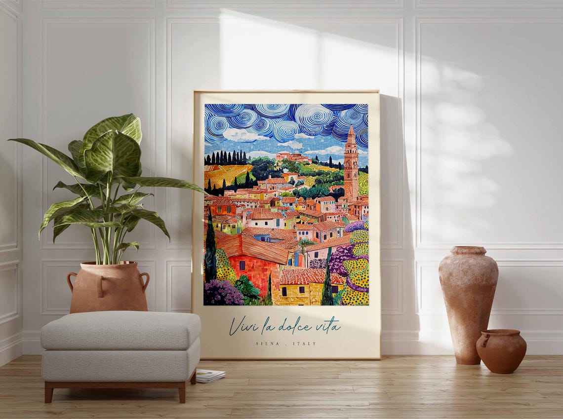 Siena Italy Swirling Sky Medieval Tower Folk Art Travel Poster - Image 3