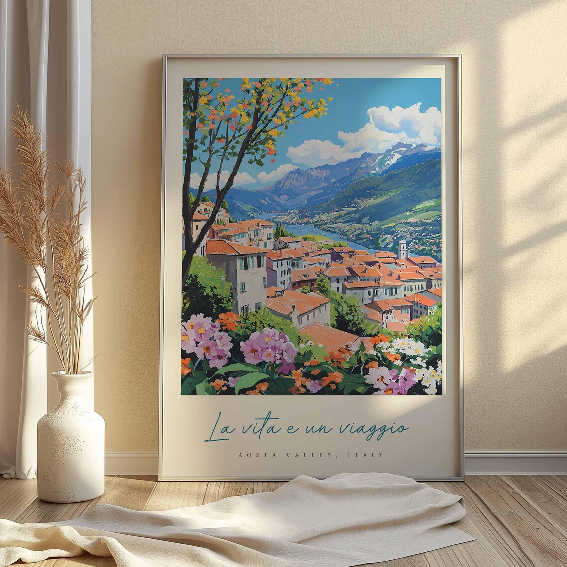 Aosta Valley Town Red Roofs Lake Mountains Floral Travel Poster - Image 2