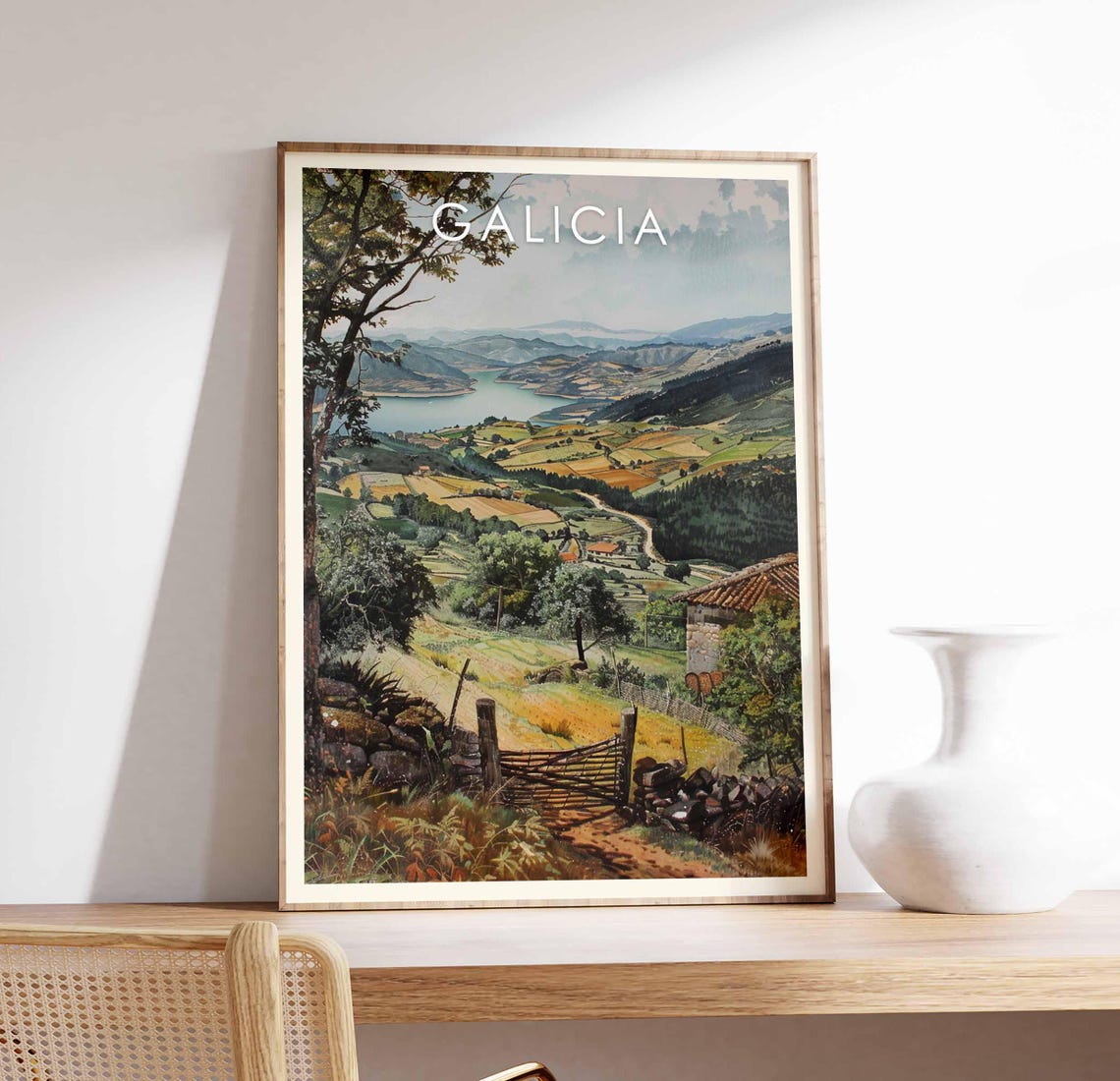 Galicia Spain Rolling Farmland Valley River Scenic Art Poster