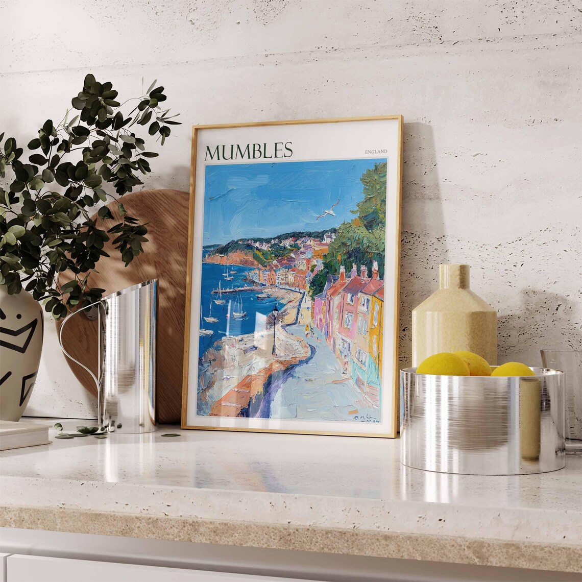 Mumbles Impressionist Harbor Street Sailboats England Travel Poster - Image 2