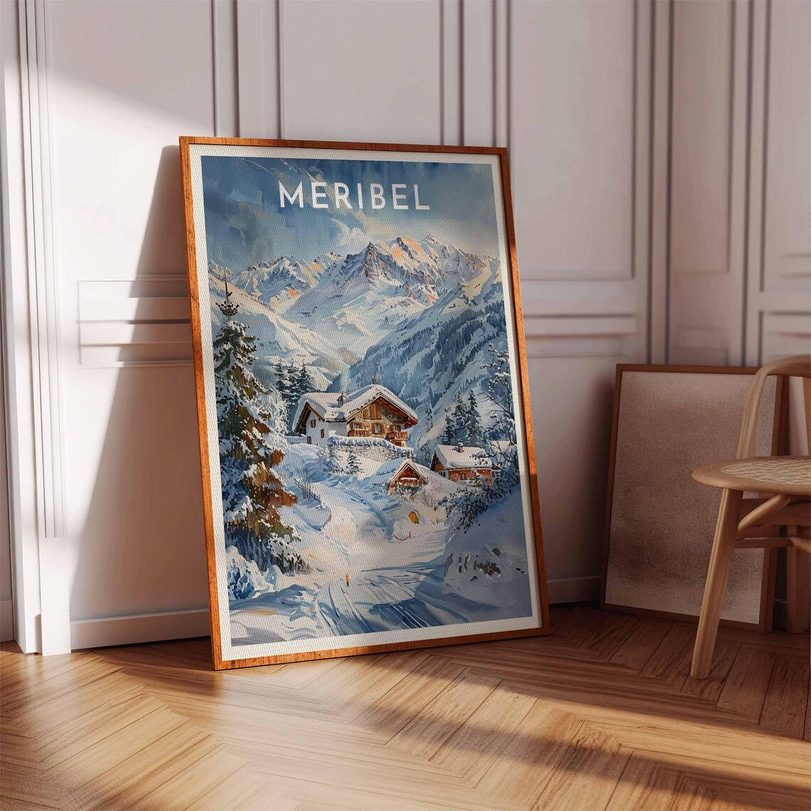 Meribel Wooden Chalet Snow Peaks Watercolor Alpine Art Poster - Image 3
