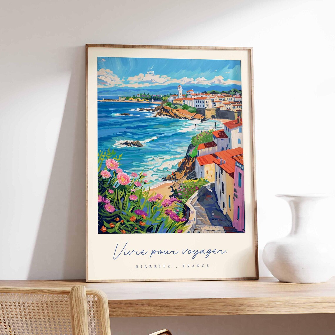 Biarritz France Rocky Coast Fishing Village Pink Flowers Wall Poster