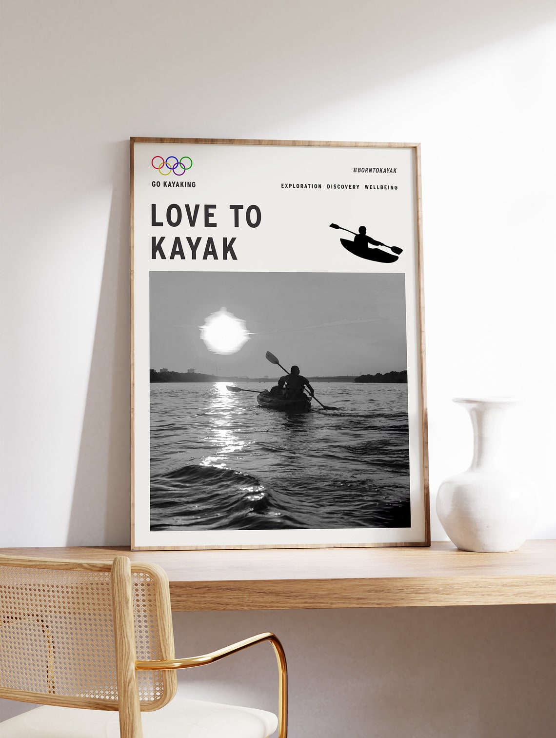 Love to Kayak Black and White Sunset Kayaker Photography Poster - Image 3