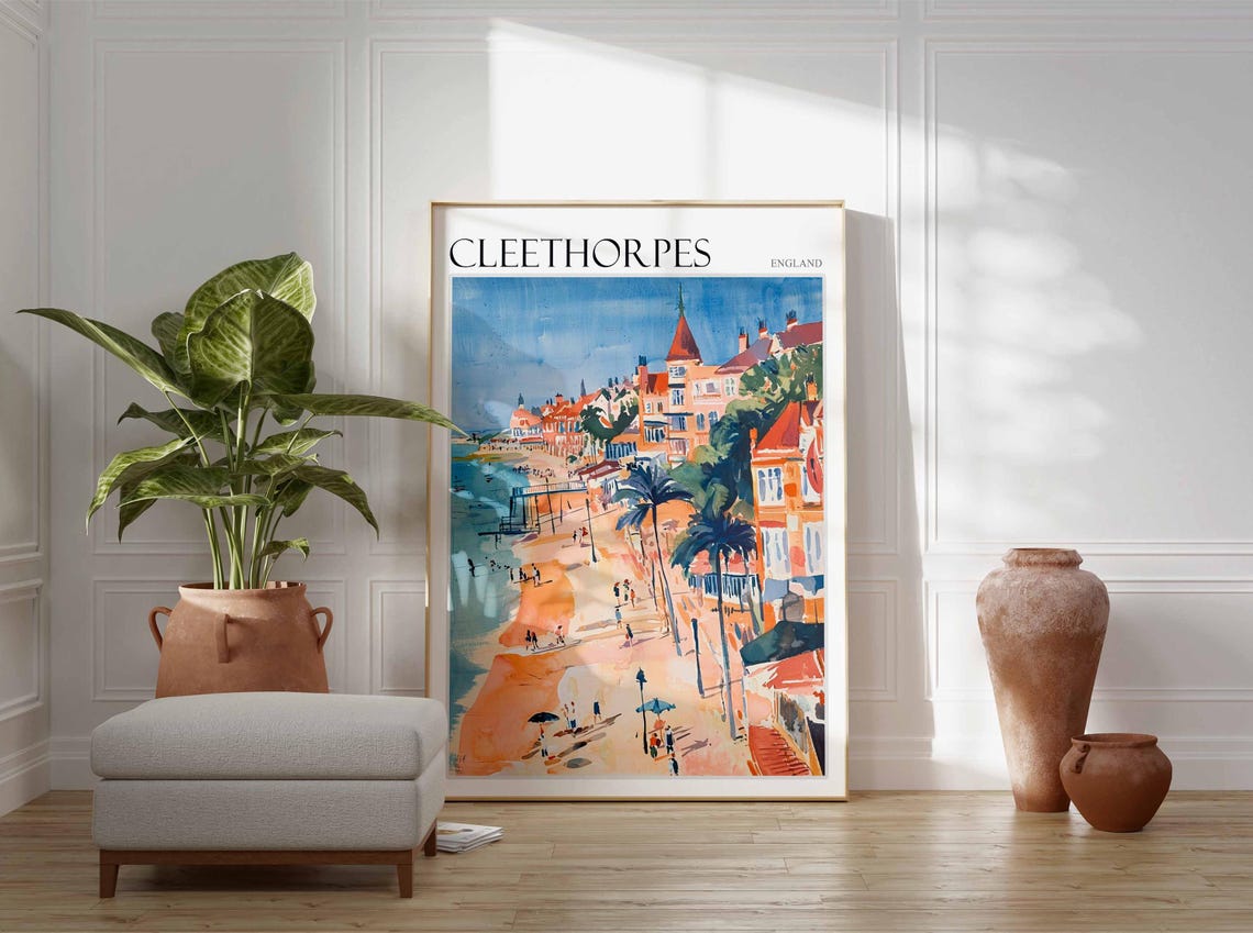 Cleethorpes England Palm Tree Promenade Pier Watercolor Travel Poster - Image 3