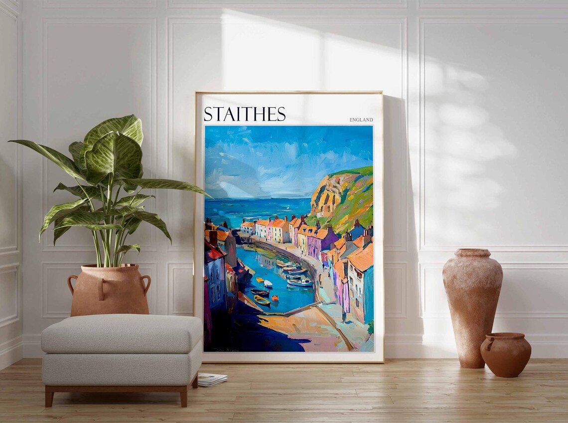 Staithes England Aerial Harbor View Village on the Cove Poster - Image 2