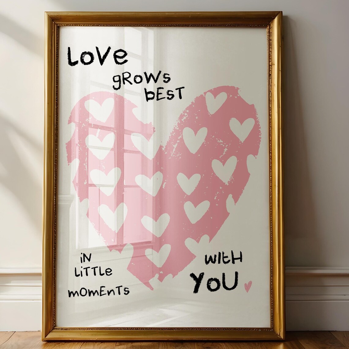 Love Grows Best Pink Hearts Quote Romantic Bedroom Decor Wall Art