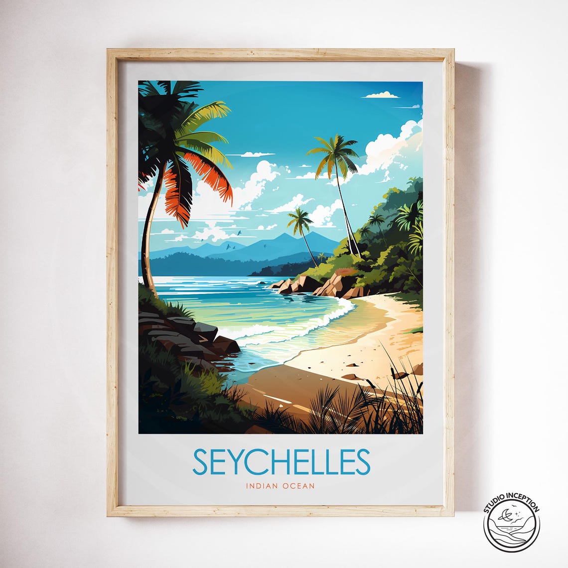 Seychelles Indian Ocean Tropical Beach Palms Island Travel Poster Art - Image 3