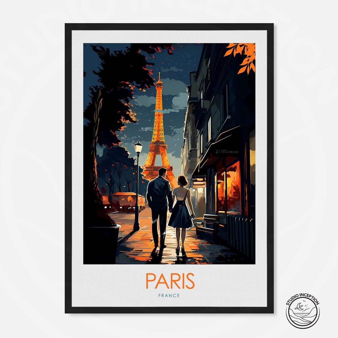 Paris France Eiffel Tower Night Romantic Street Couple Poster