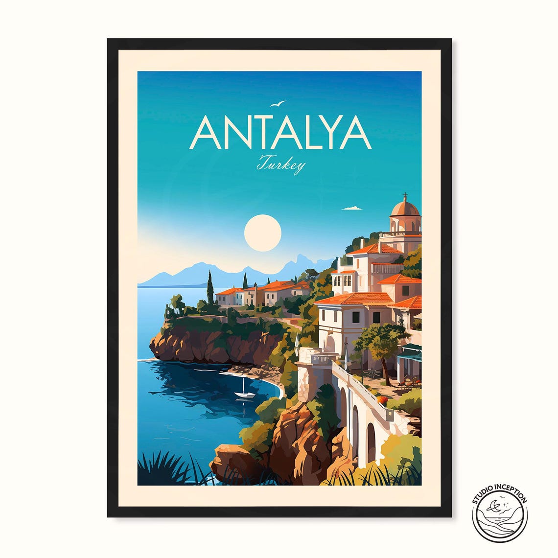 Antalya Turkey Mediterranean Cliffside Old Town Sailboat Poster