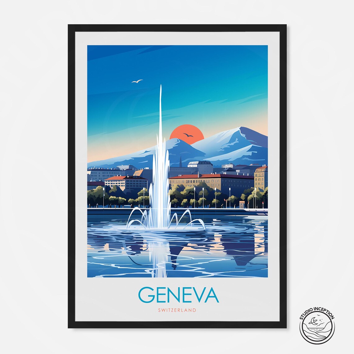 Geneva Switzerland Water Fountain Lake Sunset Mountain View Poster