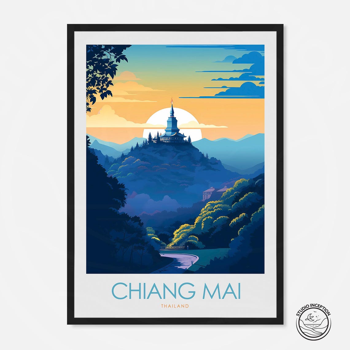 Chiang Mai Thailand Hilltop Temple Golden Hour Sunset Poster Art