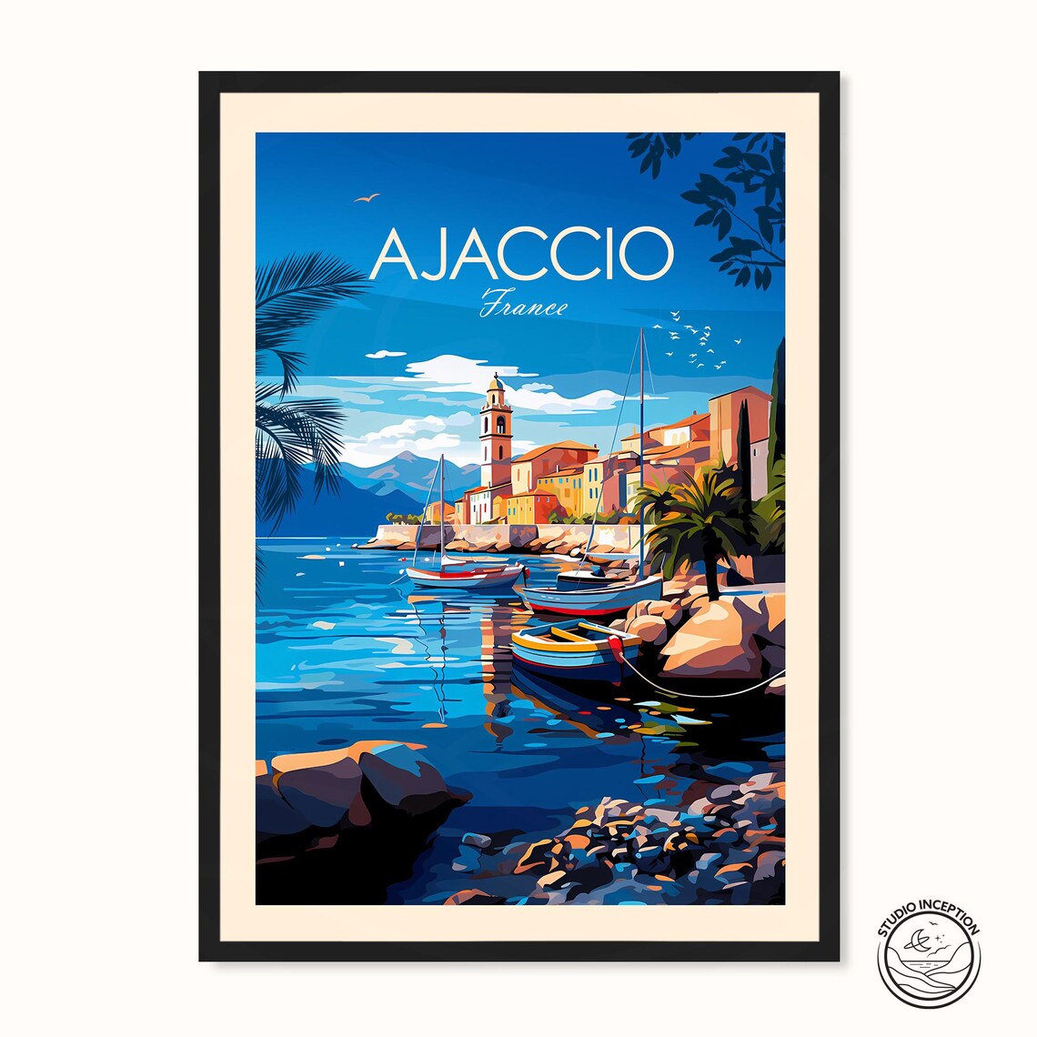 Ajaccio France Corsica Harbor Sailboats Seaside Town Travel Poster