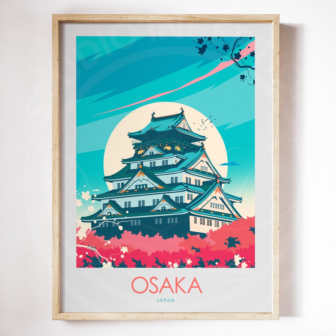 Osaka Japan Osaka Castle Cherry Blossom Full Moon Travel Poster - Image 3